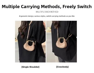 Mini khaki crescent bag showing two ways to wear as shoulder and crossbody styles