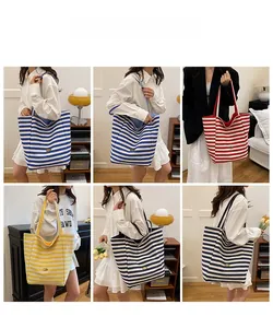 Collage of striped canvas tote bags in blue, red, yellow, and black colors for daily use