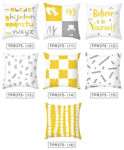 Détail de sept housses de coussin nordiques aux motifs géométriques jaune et gris