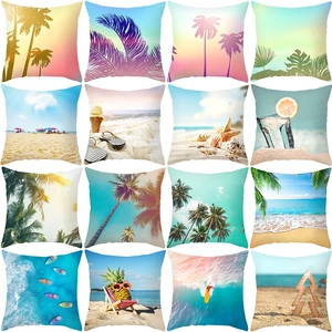 Housse de Coussin Thème Plage Océan Été Taie d'Oreiller Décorative Côtière Tropicale en Tissu Peau de Pêche Carrée pour Canapé Maison