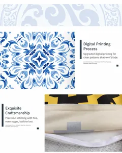 Detail of blue digital floral print on pillowcase showing the invisible zipper and stitching