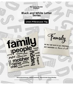 Detail of polyester pillow case showing black and white family letter print texture