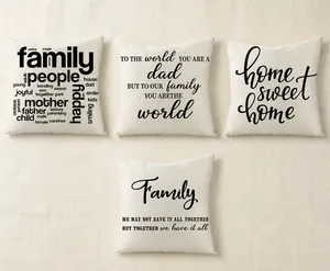 Detail of four polyester throw pillow covers with black artistic letter printing