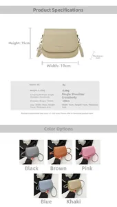 Detailed size specifications and five color variants of the PU leather saddle crossbody bag