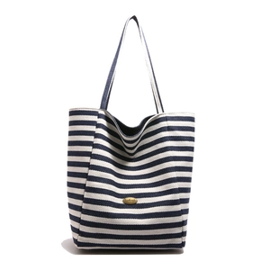 Striped canvas tote bag in navy and cream with handmade metal plaque and large capacity