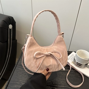 Women's Pleated PU Leather Bow Hobo Bag Fashion Underarm Shoulder Handbag Minimalist Crescent Tote Bag With Adjustable Strap
