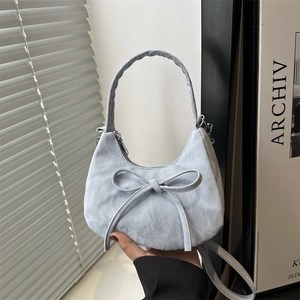Sac Hobo Croissant avec Nœud pour Femme en Cuir PU Texture Plissée Sac à Main Sac Bandoulière Style Doux pour Quotidien
