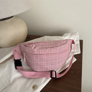 Minimalist pink tweed crossbody chest bag with white grid texture for casual wear