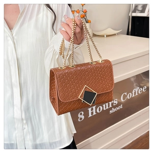 Détail du sac tressé avec bandoulière en chaîne dorée et boucle noire et or élégante