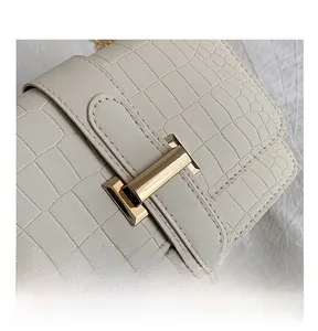 Detail of beige faux crocodile leather texture and golden metal buckle on a square bag