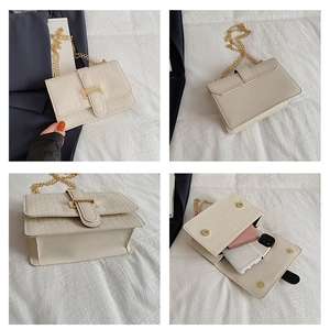 Detail of cream stone pattern crossbody bag showing crocodile texture and gold chain strap