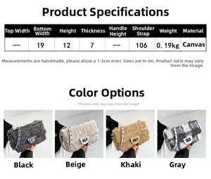 Detailed size specifications for a canvas plaid crossbody bag with dimensions and chain strap