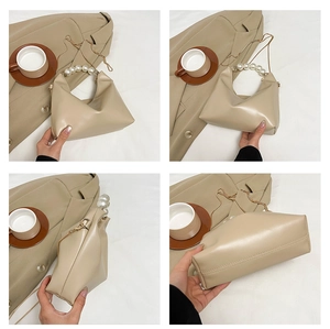 Detail view of beige crossbody bag with large pearl handle and gold chain strap in four angles