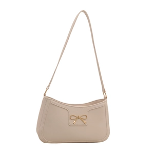 Beige crescent underarm bag for women with elegant golden butterfly metal decoration