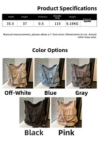 Size guide for ruffle canvas tote bag showing dimensions and five color options available