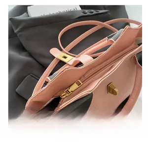 Detailansicht der rosa Ledertasche mit glattem goldenem Metallreißverschluss und Verschluss