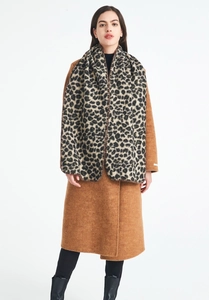 Detail shot showing the stitched edge and leopard print texture of a winter scarf