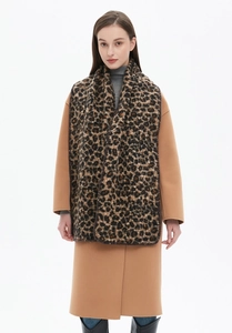 Detailed texture of thick leopard print scarf styled with a classic winter cashmere coat