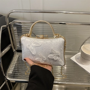 Women Elegant Butterfly Embroidery Evening Bag Satin Lace Clutch With Rhinestone Bow Clasp Metal Handle Chain Strap Wedding Party