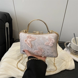 Elegant white jacquard handbag with 3D butterfly embroidery and crystal handle