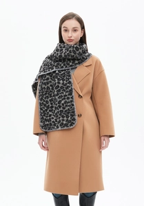 Detail of grey leopard print knitted scarf with fine lockstitched edges and thick winter texture