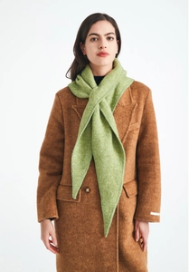 Detail of green knit scarf paired with a brown wool blend coat showing texture and material