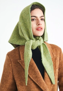 Detailed knit texture and soft brushed wool finish on this grass green winter headscarf