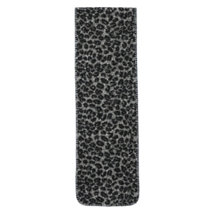 Detailed view of grey leopard print scarf with premium stitched edges and soft wooly texture