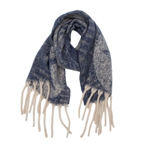 Close-up of blue and white jacquard star pattern scarf with delicate fringe edges