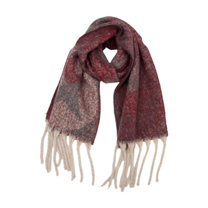 Close-up of burgundy and grey knit scarf with thick cream tassels and soft wool texture