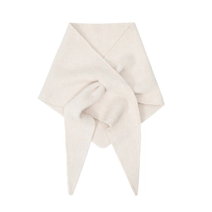 Detailed close-up of cream knit triangular shawl with delicate edge stitching detail