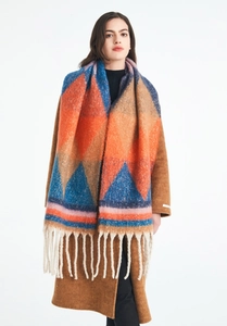 Close-up of geometric pattern thick knit scarf with heavy fringe and hairy texture