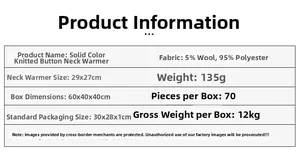 Detailed size and material specifications for the knit wool blend button neck warmer scarf
