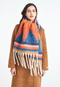 Detailed close-up of thick geometric knit scarf with colorful blocks and long tassels