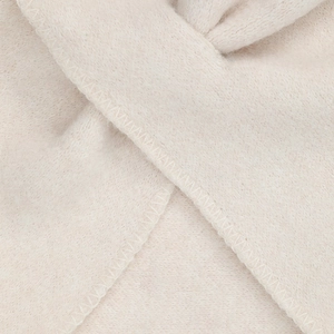 Macro view of soft cream wool knit texture with premium blanket stitch edging detail