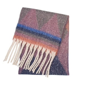 Close-up of geometric patterned chunky scarf with soft fringe and multicolor knit texture