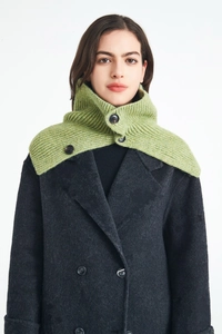 Detail showing the thick knit texture and black buttons on a green wool scarf neck warmer