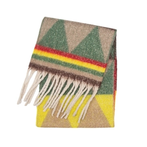 Detailed knit texture of colorful geometric triangle jacquard scarf with white tassels