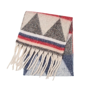 Detailed knit texture of a thick winter scarf with grey triangle patterns and fringes