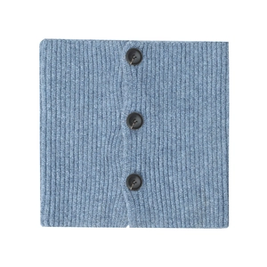 Close-up of light blue ribbed knit scarf with three black decorative buttons detail