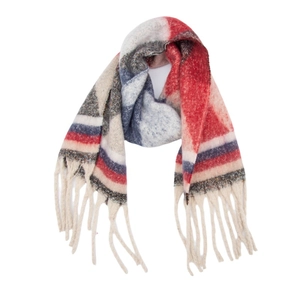 Close-up of geometric jacquard knit scarf with colorful stripes and long fringe tassels