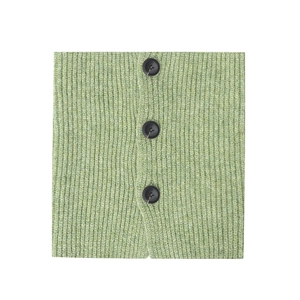 Detail of green ribbed knit neck warmer featuring a vertical three-button closure design