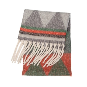 Detail view of winter scarf featuring gray and orange geometric patterns with long white tassels