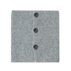 Close-up of gray ribbed knit neck warmer with three decorative black matte buttons