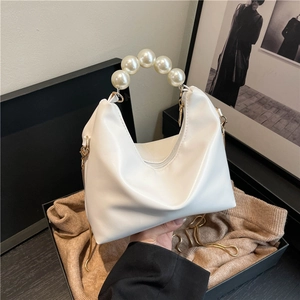 Women Mini Dumpling Bag PU Leather Handbag With Large Artificial Pearl Handle And Golden Metal Chain Strap Elegant Shoulder Crossbody Bag