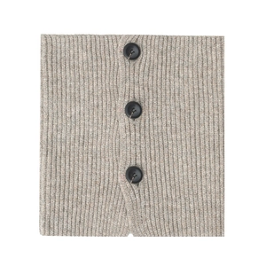 Detail of grey wool knit neck warmer featuring ribbed texture and three black buttons
