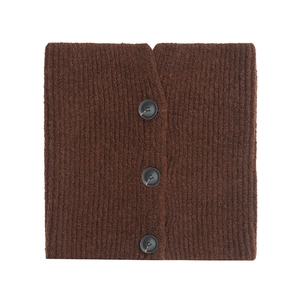 Detail of dark brown cable knit neck warmer featuring three decorative black buttons