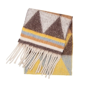 Detail of winter scarf with colorful geometric patterns and long white fringe accents