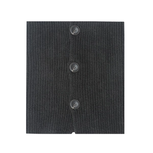 Macro detail of dark grey ribbed knit winter neck warmer with three black buttons
