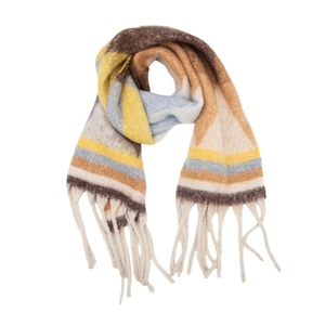Macro detail of thick winter scarf with colorful jacquard pattern and long tassel edges